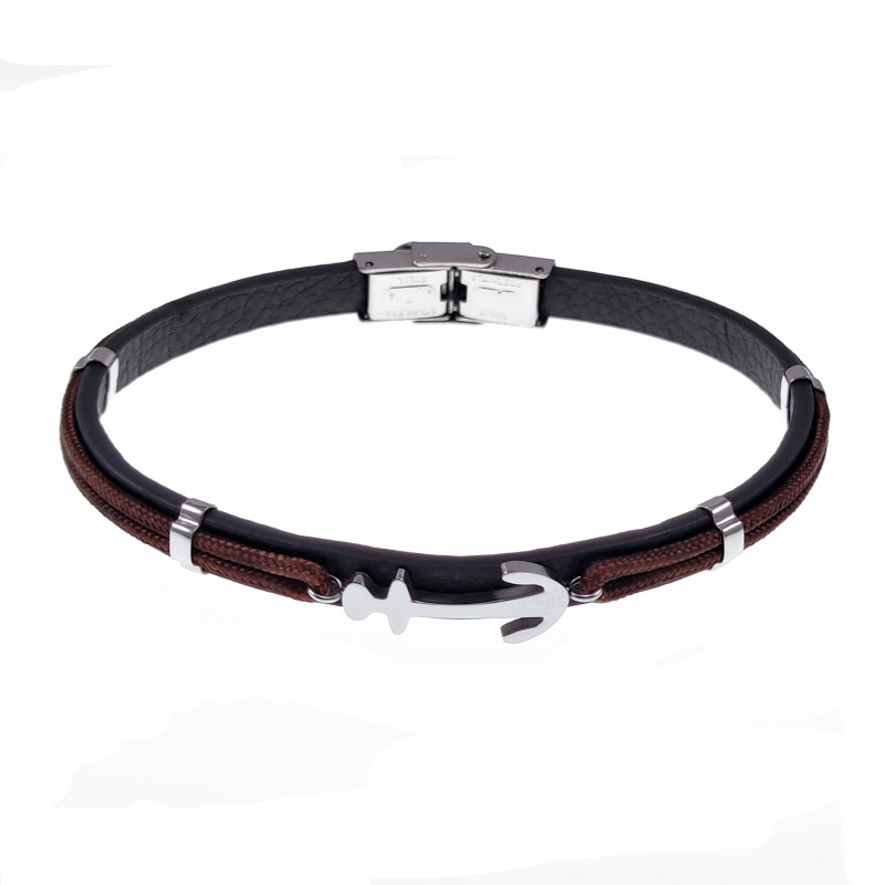 Zwarte/Bruin Armband Heren met Anker - Leren - RVS Zilver Kleur