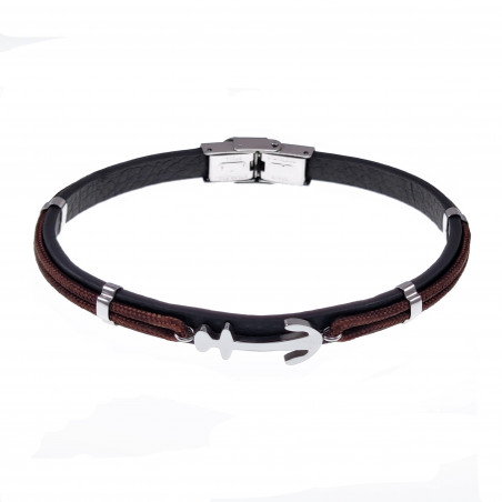 Zwarte/Bruin Armband Heren met Anker Leren RVS Zilver Kleur