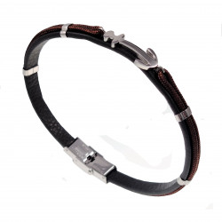 Zwarte/Bruin Armband Heren met Anker - Leren - RVS Zilver Kleur