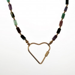 Hart Halsketting Dames Stalen Goud Kleur Gekleurde Natuurstenen Choker