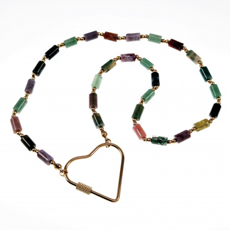 Hart Halsketting Dames Stalen Goud Kleur Gekleurde Natuurstenen Choker