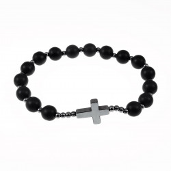8mm Natuursteen Armband met Kruis - Matte Onyx en Hematiet - Kralen Armband Unisex