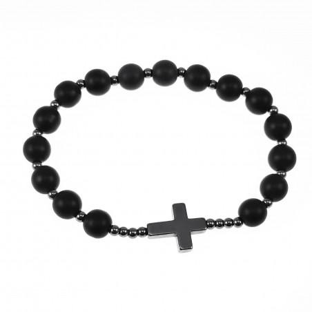 8mm Natuursteen Armband Kruis Onyx en Hematiet Kralen Armband Unisex