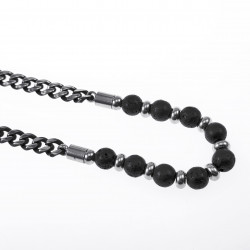Ketting met Kralen Heren - Vulkanische Lava - Stalen Vintage Zilverkleur - Cubaanse Schakelsketting Verstelbar