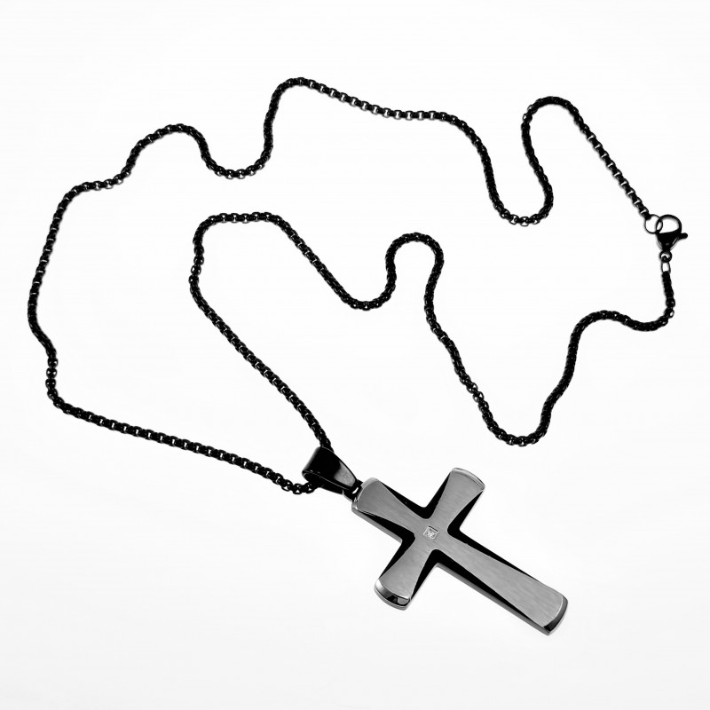 Jacseron Ketting + Kruishanger Heren Stalen Zwarte PVD-Coating/Zilver Jacseron Ketting + Kruishanger Heren Stalen Zwarte PVD-Coating/Zilver