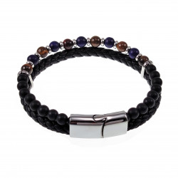 Multicolor Dubbele Armband Heren Zwarte Leren RVS Natuursteen Kralen