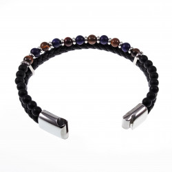 Multicolor Dubbele Armband Heren Zwarte Leren RVS Natuursteen Kralen