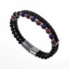 Multicolor Dubbele Armband Heren Zwarte Leren RVS Natuursteen Kralen