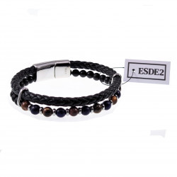 Multicolor Dubbele Armband Heren Zwarte Leren RVS Natuursteen Kralen