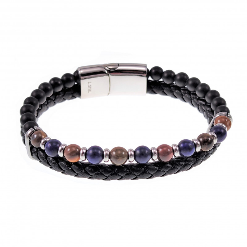 Multicolor Dubbele Armband Heren Zwarte Leren RVS Natuursteen Kralen Multicolor Dubbele Armband Heren Zwarte Leren RVS Natuursteen Kralen