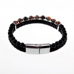 Bruine Dubbele Armband Heren Zwarte Leren RVS Natuursteen Kralen