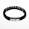 Bruine Dubbele Armband Heren Zwarte Leren RVS Natuursteen Kralen
