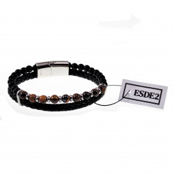 Bruine Dubbele Armband Heren Zwarte Leren RVS Natuursteen Kralen