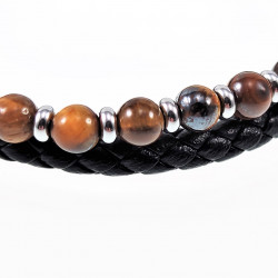 Bruine Dubbele Armband Heren Zwarte Leren RVS Natuursteen Kralen