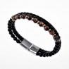 Bruine Dubbele Armband Heren Zwarte Leren RVS Natuursteen Kralen