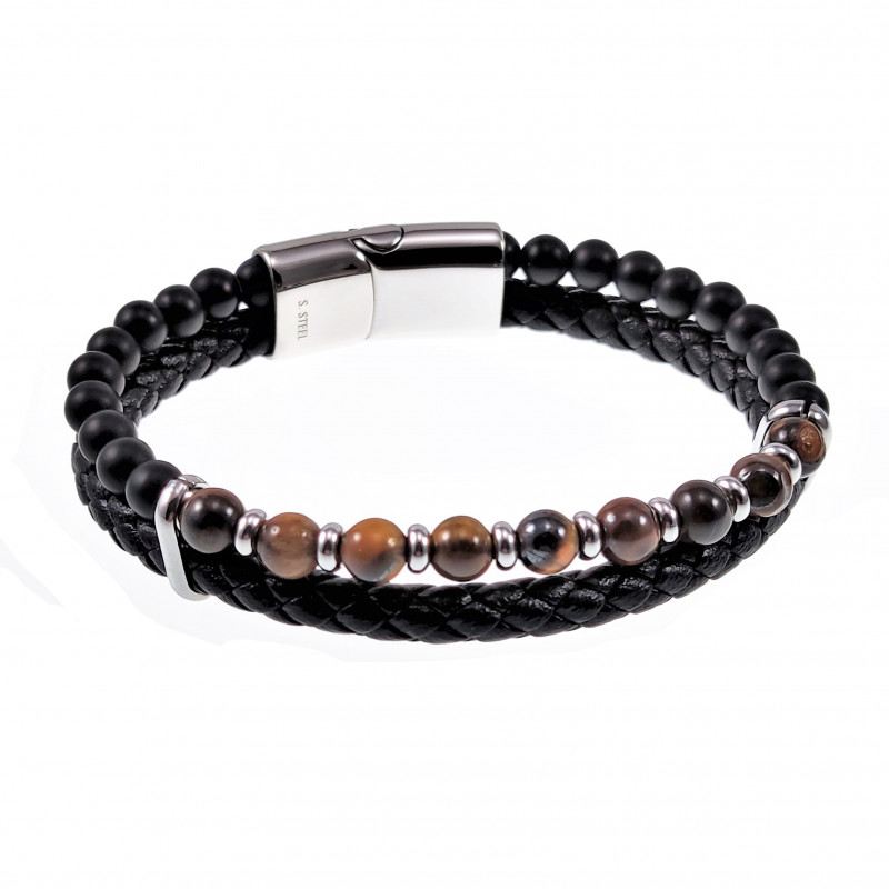 Bruine Dubbele Armband Heren Zwarte Leren RVS Natuursteen Kralen Bruine Dubbele Armband Heren Zwarte Leren RVS Natuursteen Kralen