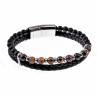 Bruine Dubbele Armband Heren Zwarte Leren RVS Natuursteen Kralen