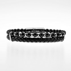 Zwarte Dubbele Armband Heren Zwarte Leren RVS Natuursteen Kralen