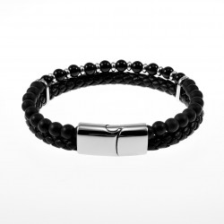 Zwarte Dubbele Armband Heren Zwarte Leren RVS Natuursteen Kralen