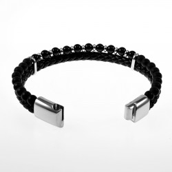 Zwarte Dubbele Armband Heren Zwarte Leren RVS Natuursteen Kralen