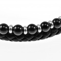 Zwarte Dubbele Armband Heren Zwarte Leren RVS Natuursteen Kralen