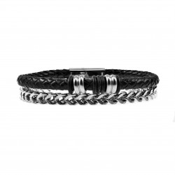 Dubbele Armband Heren Visgraat Schakelsarmband RVS en Zwarte Leren