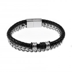 Dubbele Armband Heren Visgraat Schakelsarmband RVS en Zwarte Leren