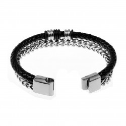 Dubbele Armband Heren Visgraat Schakelsarmband RVS en Zwarte Leren