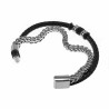 Dubbele Armband Heren Visgraat Schakelsarmband RVS en Zwarte Leren