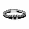 Dubbele Armband Heren Visgraat Schakelsarmband RVS en Zwarte Leren