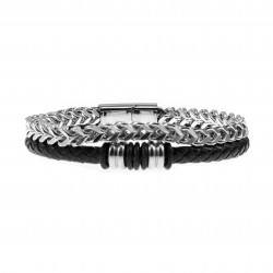 Dubbele Armband Heren Visgraat Schakelsarmband RVS en Zwarte Leren