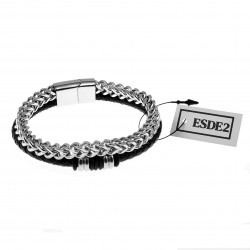 Dubbele Armband Heren Visgraat Schakelsarmband RVS en Zwarte Leren