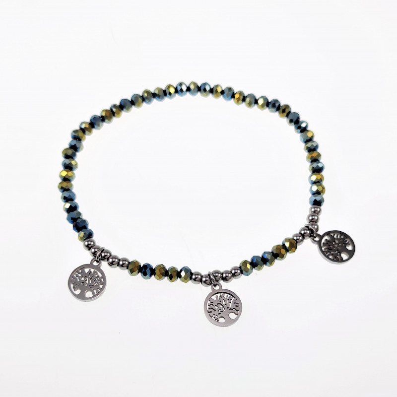 Elastische Armband Dames Groenachtig Glaskralen RVS Levensboom Elastische Armband Dames Groenachtig Glaskralen RVS Levensboom