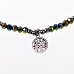 Elastische Armband Dames Groenachtig Glaskralen RVS Levensboom