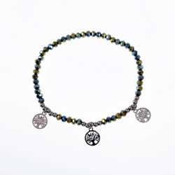 Elastische Armband Dames Groenachtig Glaskralen RVS Levensboom