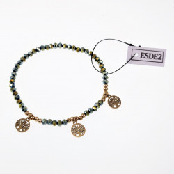 Elastische Armband Dames - Groenachtig Facet Geslepen Glaskralen - RVS Goudkleur - Levensboom