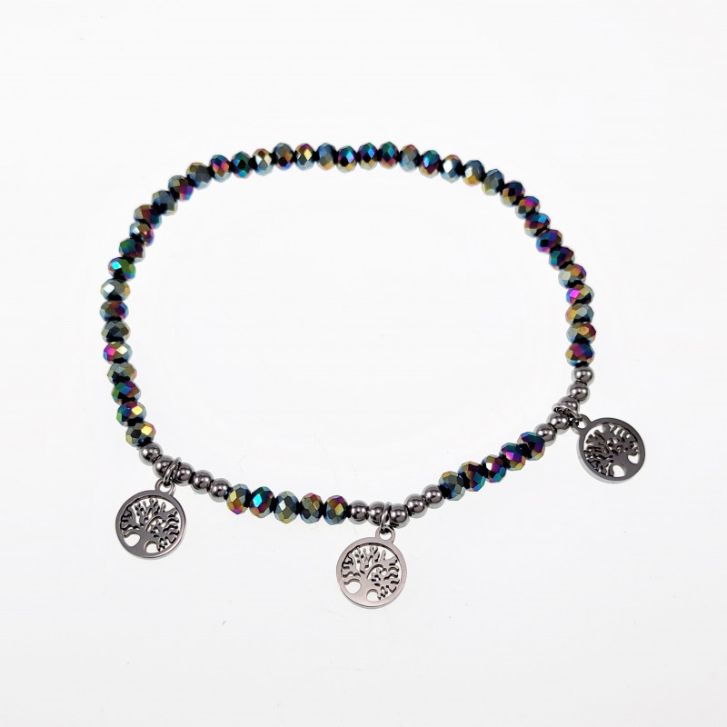 Elastische Armband Dames - Multicolor Facet Geslepen Glaskralen - RVS Zilver Kleur - Levensboom
