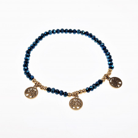 Elastische Armband Dames Blauwe Glaskralen RVS Goud Levensboom