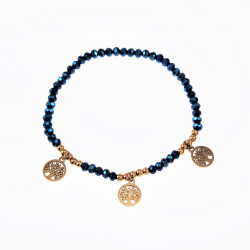 Elastische Armband Dames - Blauwe Facet Geslepen Glaskralen - RVS Goudkleur - Levensboom