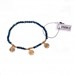 Elastische Armband Dames - Blauwe Facet Geslepen Glaskralen - RVS Goudkleur - Levensboom