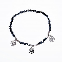 Elastische Armband Dames Blauwgrijze Glaskralen RVS Zilver Levensboom