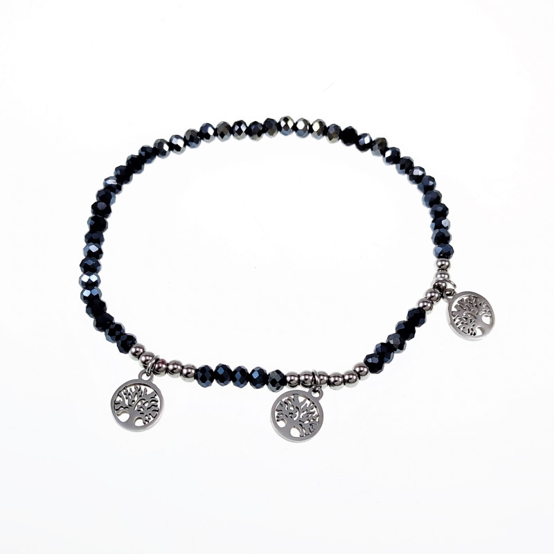 Elastische Armband Dames Blauwgrijze Glaskralen RVS Zilver Levensboom Elastische Armband Dames Blauwgrijze Glaskralen RVS Zilver Levensboom