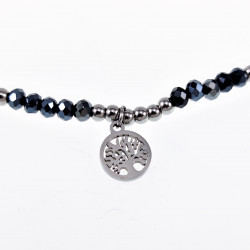 Elastische Armband Dames Blauwgrijze Glaskralen RVS Zilver Levensboom