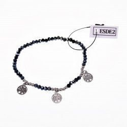 Elastische Armband Dames Blauwgrijze Glaskralen RVS Zilver Levensboom