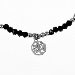 Elastische Armband Dames - Zwarte Facet Geslepen Glaskralen - RVS Zilver Kleur - Levensboom
