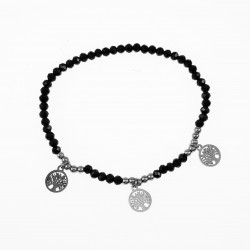 Elastische Armband Dames - Zwarte Facet Geslepen Glaskralen - RVS Zilverkleur - Levensboom