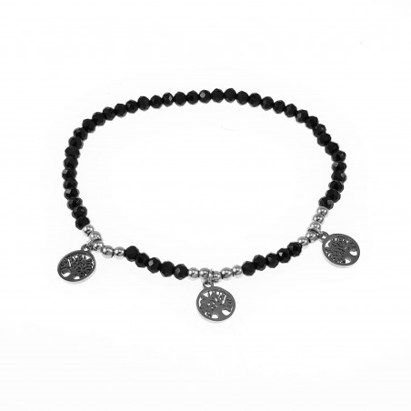 Elastische Armband Dames Zwarte Glaskralen RVS Zilver Kleur Levensboom