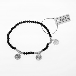 Elastische Armband Dames - Zwarte Facet Geslepen Glaskralen - RVS Zilverkleur - Levensboom
