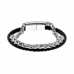 Dubbele Armband Heren - Vossenstaart Schakelsarmband - RVS Zilverkleur - Zwarte Leren