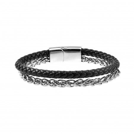 Dubbele Armband Heren Vossenstaart Schakelsarmband RVS Zwarte Leren
